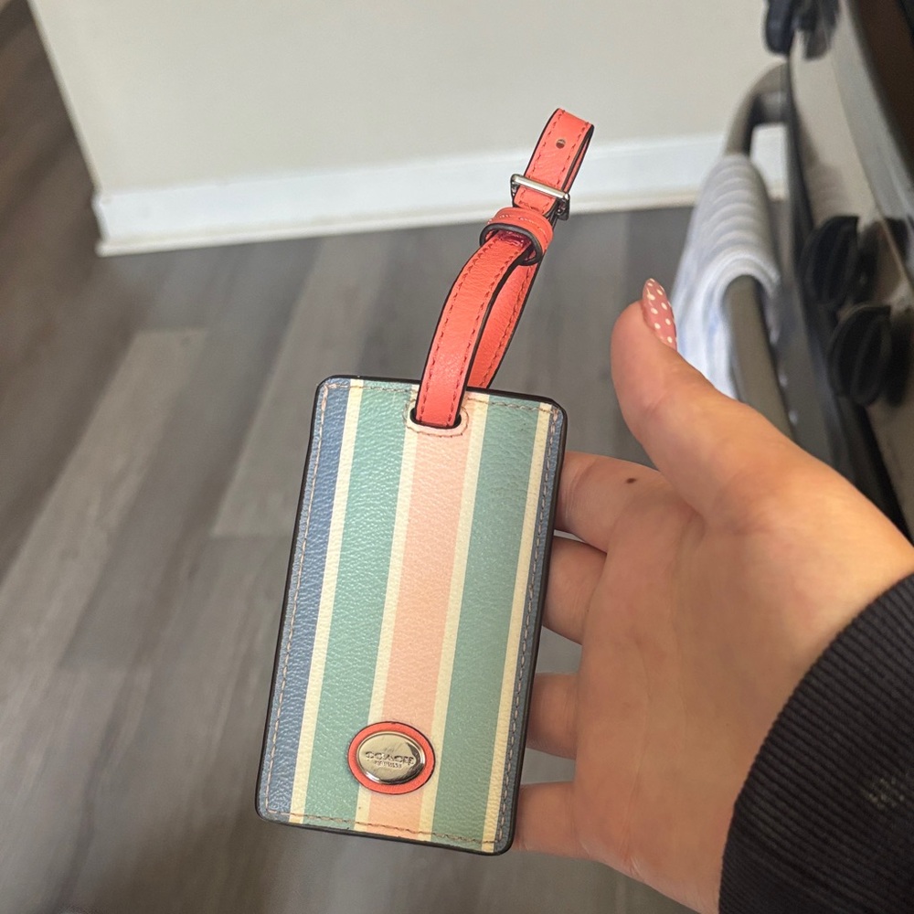 Coach Multicolor Striped Luggage Tag with Coral Strap